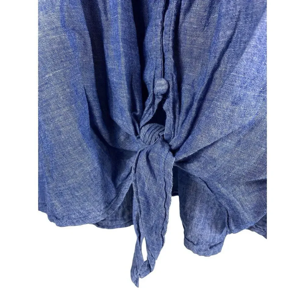 Lane Bryant Top 14 XL Button Up Chambray Tie Front Blue Pin Up Preppy Linen Blnd - Picture 4 of 9